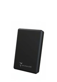 Hard disk esterno portatile nero con finitura liscia, forma rettangolare, bordi arrotondati e un logo argentato sulla parte anteriore.