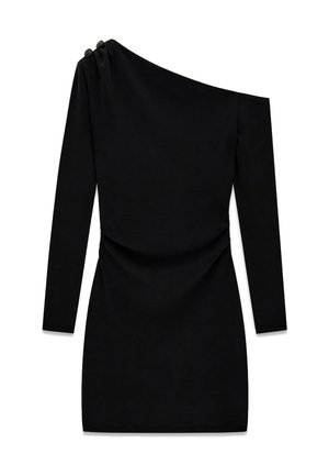 Zwarte, asymmetrische jurk met lange mouwen, geplooid ontwerp en drie decoratieve zwarte knopen op de schouder. Soepele textuur.