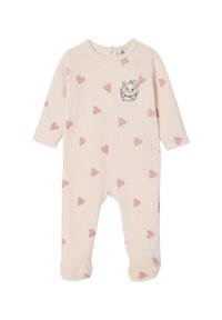 Pajama-Overall in hellem Creme, mit einem Herzmuster in sanftem Rosa, langen Ärmeln und einem gestickten Katzendesign auf der Brust.