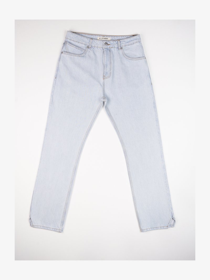 Light blue denim jeans, straight-leg design, featuring five pockets, belt loops, and a zip fly. Contrast stitching details.
