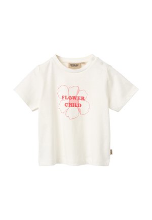 Maglietta bianca a maniche corte per bambino piccolo con fiore contornato in rosa e testo "FLOWER CHILD" al centro, con bottoni a pressione vicino al collo.