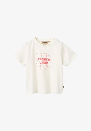 T-shirt blanc à manches courtes pour tout-petit avec une fleur contourée en rose et le texte "FLOWER CHILD" au centre, avec des boutons-pression près du col.