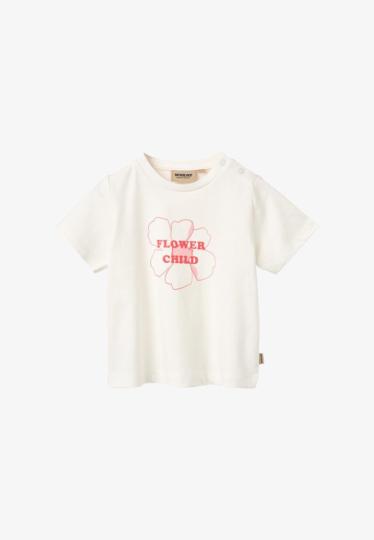 T-shirt blanc à manches courtes pour tout-petit avec une fleur contourée en rose et le texte "FLOWER CHILD" au centre, avec des boutons-pression près du col.