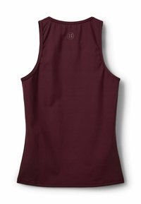 Bordeaux tričko bez rukávov vyrobené z hladkej tkaniny, s kruhovým výstrihom a malým logom v blízkosti hornej časti chrbta.