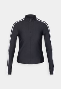 Svart langermet sportsjakke med høy krage, glidelås foran og hvite sidestiper langs ermene. Glatt, elastisk stoff.