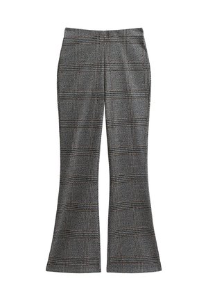 High-waist, flared pants with black, white, and brown plaid pattern, tailored fit, no visible pockets or fastenings.
