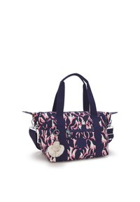 Navy and pink patterned tote bag with dual handles, removable shoulder strap, zip closure, and a fluffy monkey keychain attached.