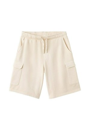 Béžové bavlnené krátke nohavice typu cargo s elastickým pásom, sťahovacou šnúrkou, bočnými vreckami a klopovými vreckami na každom stehne.