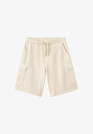 Beige katoenen cargoshorts met elastische tailleband, trekkoord, zijzakken en klepzakken aan elke beenkant.