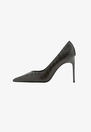 Black patent leather high-heeled pump with a pointed toe and crocodile texture. Features a sleek silhouette and a thin, high stiletto heel.
