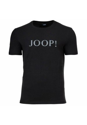 Schwarzes Baumwoll-T-Shirt mit kurzen Ärmeln. Verfügt über ein großes graues "JOOP!"-Logo auf der Brust. Rundhals-Design, glatte Textur.