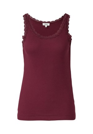 Burgundy tank top made of ribbed fabric, featuring lace trim along the neckline and armholes, with a fitted silhouette.