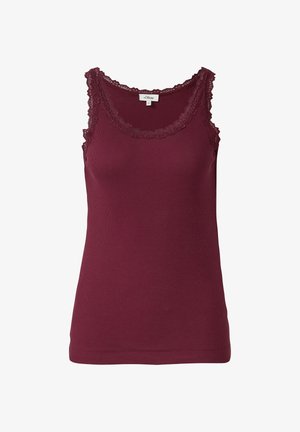 Débardeur bordeaux en tissu côtelé, avec des bordures en dentelle le long de l'encolure et des emmanchures, doté d'une silhouette ajustée.