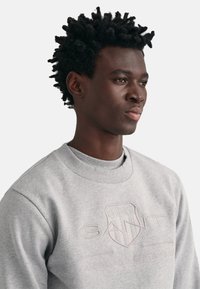 Grijze sweatshirt met een geribbelde halslijn, geperst logo en de tekst "GANT AMERICAN SPORTSWEAR," gemaakt van een zachte, gestructureerde stof.