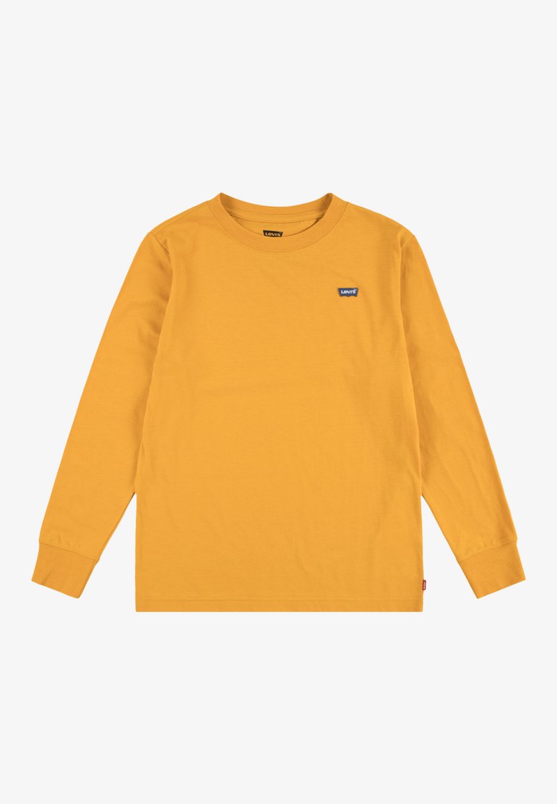 T-shirt di cotone gialla a maniche lunghe con scollo rotondo, caratterizzata da una piccola etichetta logo blu sul petto e polsini a costine.