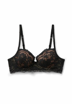Soutien-gorge en dentelle noire avec armatures, ornée de motifs floraux, cups rembourrées, bords en forme de vagues et bretelles ajustables avec un accent froncé le long de la bande.
