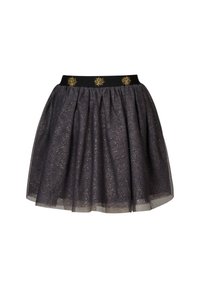 Zwarte tailleband met gouden versieringen, gelaagde donkere tule rok met verspreide gouden glitteraccenten, kniehoog, uitlopende ontwerp.