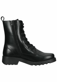 Black leather ankle boot with a lace-up front, side zipper, chunky rubber sole, and textured finish. Features a looped pull tab.