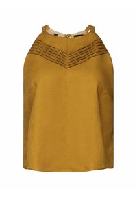 Top sin mangas de color amarillo mostaza en una tela texturizada, con pliegues verticales en el escote y un corte recto. Cierre de cremallera en la parte posterior.