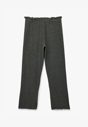 Leggings acanalados de color gris oscuro con un borde ondulado y con volantes en la cintura. Textura suave, diseño de pierna recta sin hardware ni patrones visibles.