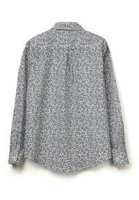 Camicia a maniche lunghe con sfondo bianco e motivo floreale navy intricato, orlo arrotondato e polsini con bottoni. Design classico del colletto.