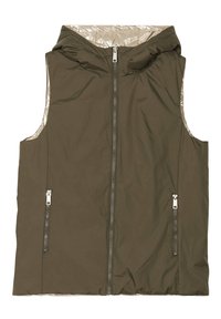 Gilet sans manches en nylon vert olive, avec une fermeture éclair à l'avant, deux poches latérales zippées et une doublure intérieure argentée.