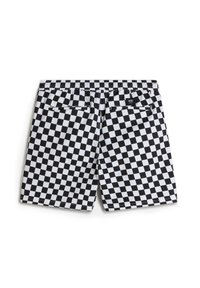 Black and white checkered swim shorts with an elastic waistband, two back pockets, and a small label at the rear. Made from smooth fabric.