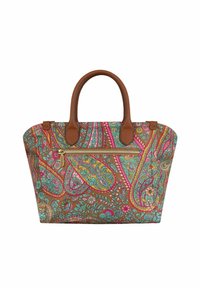 Borsa a mano in tela marrone con motivi paisley rosa e turchese. Presenta due manici in pelle marrone e una tasca anteriore con zip.