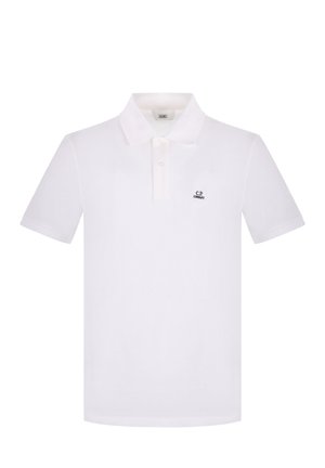 Polo bianca a maniche corte con bottoni e piccolo logo nero "C.P. Company" sul petto sinistro.