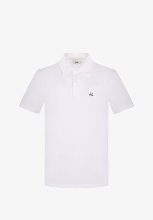 Polo bianca a maniche corte con bottoni e piccolo logo nero "C.P. Company" sul petto sinistro.