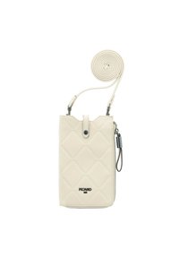 Cream faux leather crossbody bag with diamond quilted pattern, top snap closure, and a coiled strap; features a side zipper and logo detail.