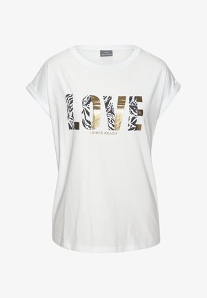 Witte T-shirt met opgerolde mouwen, voorzien van "LOVE" in zwart en goud, met zebra-patronen, en "VENICE BEACH" daaronder in een kleinere lettertype.