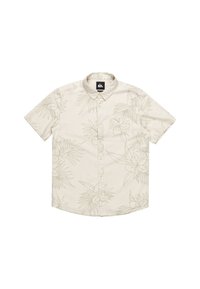 Camicia a maniche corte con bottoni di colore beige con motivo floreale verde chiaro. Presenta una tasca sul petto e un colletto reversibile.
