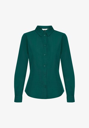 Chemise à manches longues teal avec un devant boutonné, un col et une coupe ajustée. Fabriquée en tissu lisse, elle présente des boutons assortis et un ourlet arrondi.