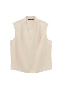 Blusa senza maniche color crema con scollo a V profondo, fessure laterali e un tessuto liscio e leggermente mottato.