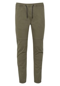 Olivgrön joggerbyxor med elastisk midja, justerbar dragsko och lappar på knäna. Mjukt tyg med en jämn textur.