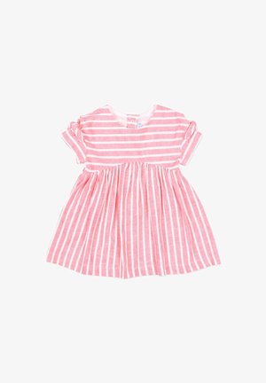 Vestitino da neonato a righe rosa e bianche con maniche corte, vita arricciata e dettagli a nodo sulle maniche su sfondo bianco.