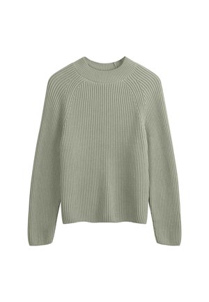 Hellgrüner, gerippter Pullover mit Rundhalsausschnitt, langen Ärmeln und lässiger Passform. Die Stofftextur ist weich und leicht strukturiert.