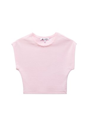 Jasnoróżowy krótki T-shirt z krótkimi rękawami i okrągłym dekoltem, wyłożony na płasko na białym tle.