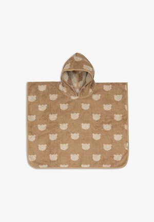 Peuterformaat poncho-handdoek met capuchon in beige met herhaalde lichtbeige berengezichten en afgeronde randen.