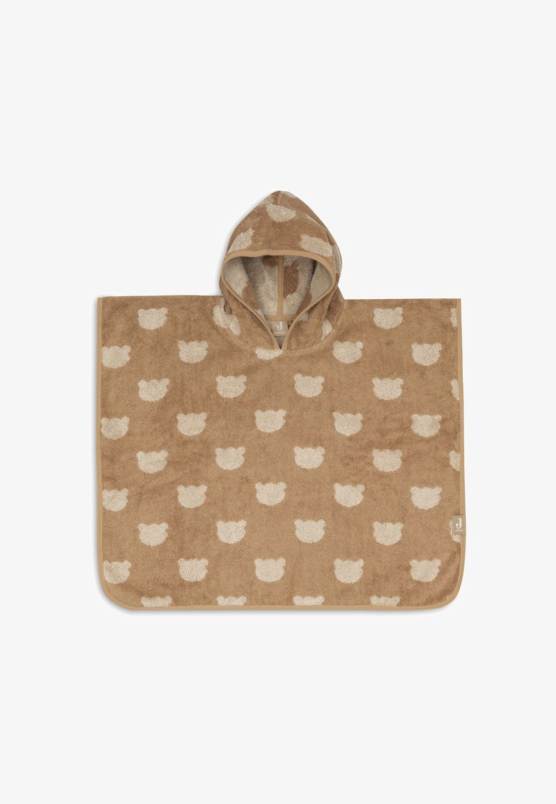 Poncho-t-shirt à capuche pour tout-petit de couleur beige avec des motifs répétés de visages d'ours beige clair et des bords arrondis.