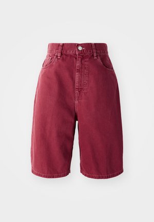 Bourgogne denimshorts med høj talje. Funktioner inkluderer to frontlommer, en enkelt knaplukning og lige ben.