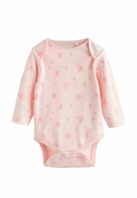 Różowe body z długim rękawem ozdobione drobnym kwiatowym wzorem. Wykonane z miękkiej tkaniny, wyposażone w zatrzaski u dołu dla łatwego ubierania.