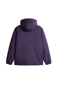 Purple padded jacket with a hood, featuring a smooth texture, elastic cuffs, and horizontal seams across the back.
