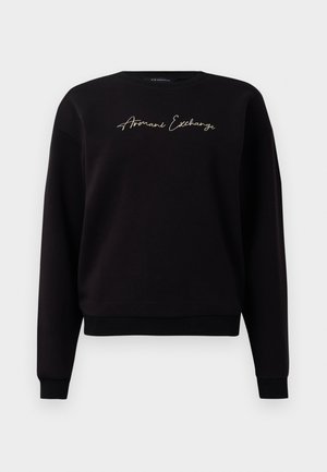 Čierna mikina vyrobená zo zmesi bavlny, s dlhými rukávmi, kulatým výstrihom a zlatým vyšívaním "Armani Exchange" na prednej strane.