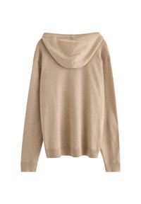 Beige hoodie trui met een zachte textuur, een trekkoordcapuchon, lange mouwen en geribbelde manchetten en onderkant. Eenvoudig ontwerp met een relaxte pasvorm.