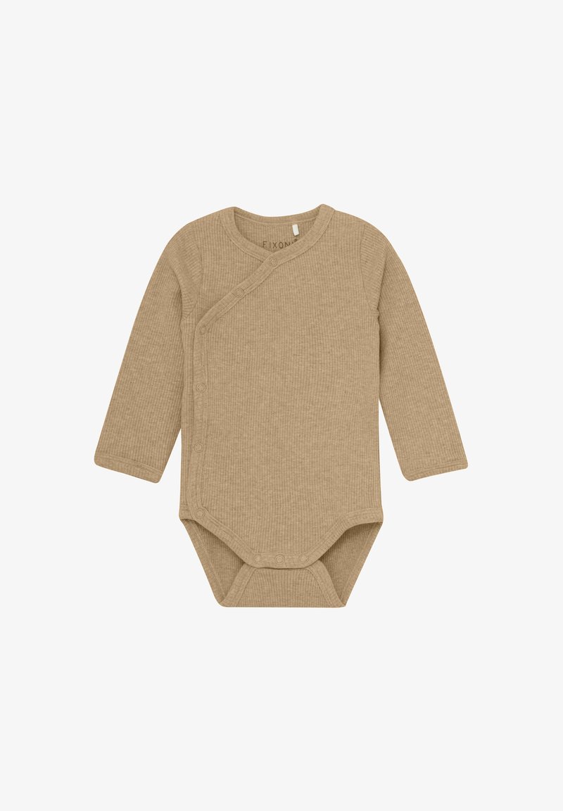 Langsleeve bodysuit in een zacht beige ribbelstof, met drukknoopsluitingen aan de voorkant en onderkant voor makkelijk aan- en uitkleden en luierverschoningen.