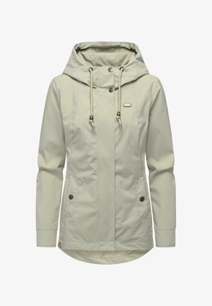 Hellbeige Kapuzenjacke mit Kordelzug, Druckknopf-Vordertaschen, langen Ärmeln und einem kleinen Logopatch auf der Brust.