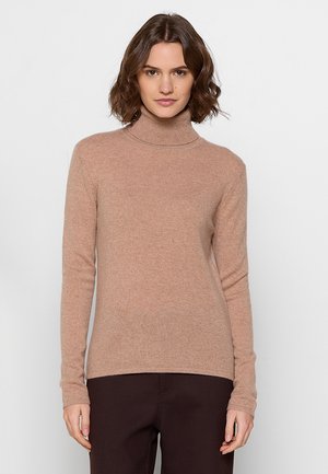 Light brown turtleneck sweater with long sleeves, made of soft knit material, featuring a fitted design and ribbed texture.