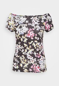Černý květinový top bez ramínek s bílými, růžovými a žlutými květinami, krátkými rukávy a těsným střihem. Texturovaná tkanina.